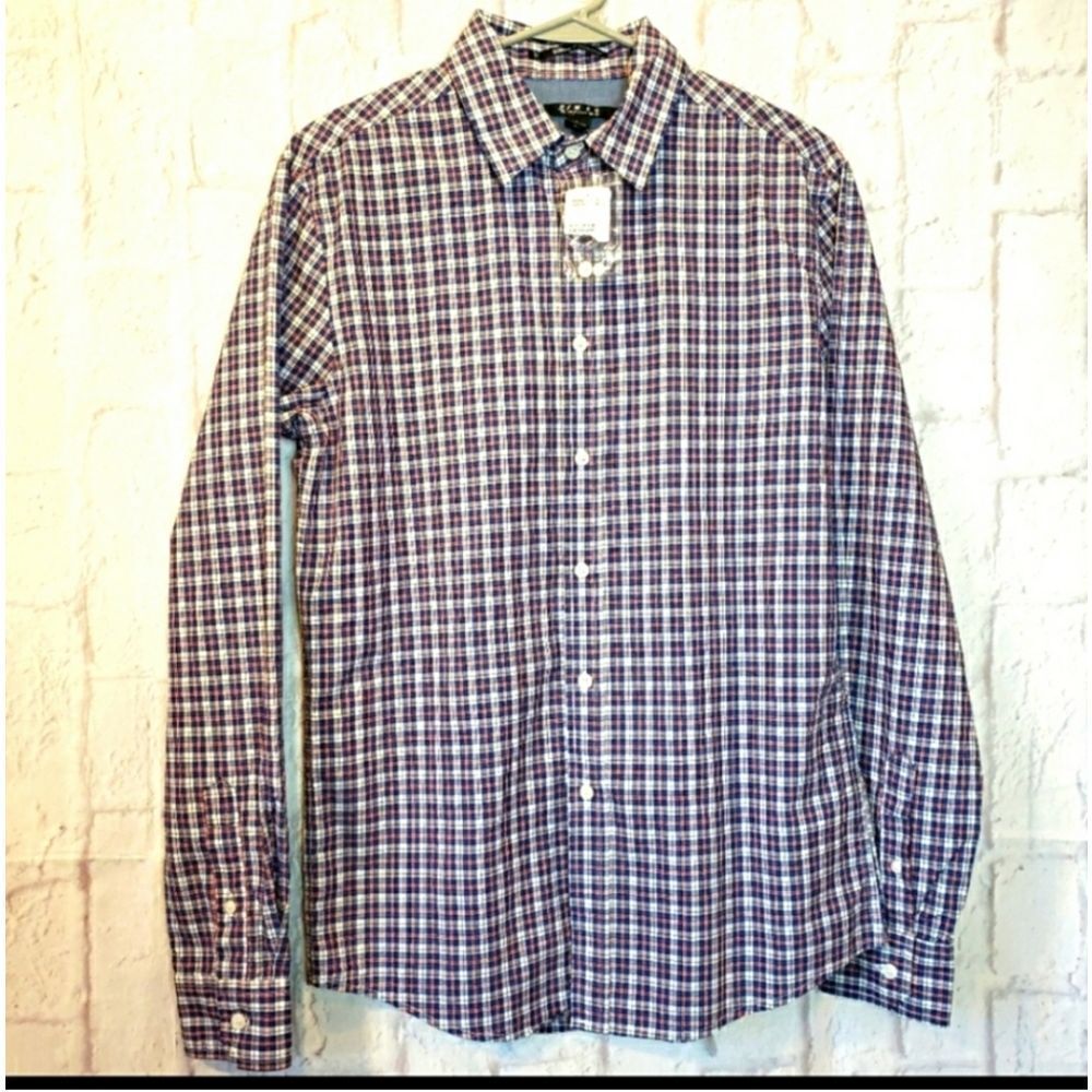 21 MEN NWT Plaid Button-Down Shirt Blue Pink White Small